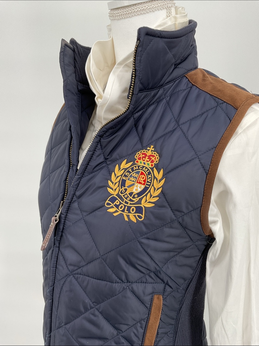Polo Ralph Lauren Crest Quilted Vest Navy Lamb Suede Trim Equestrian Size Small - Picture 2 of 16